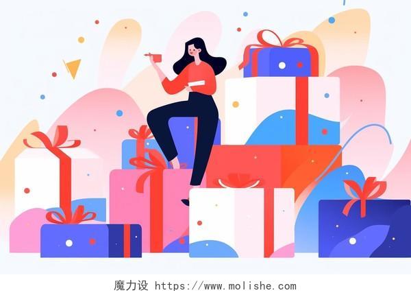 一个女孩坐在一堆礼盒上面扁平AI插画礼物礼品电商购物促销活动